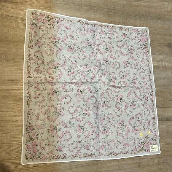 Vintage Floral Designer Signed Scarf With Harp & Embroidered Butterflies - Picture 1 of 5